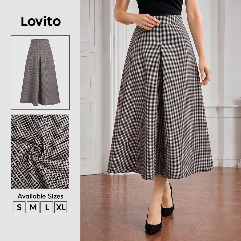 (New Arrival) Lovito Saias Elegantes Padrão Zipper Plissadas Saia Caqui Primavera/verão para Mulheres Evangelical SKB38BR018