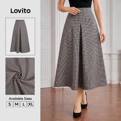 Lovito Saias Elegantes Padrão Zipper Plissadas Saia Caqui Primavera/verão Xadrez para Mulheres Evangelical SKB38BR018