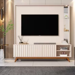 Estante Home Theater para TV até 75 Polegadas Ripado com LED e Espelho 100% MDF e Pés em Madeira Maciça 190,5CMX179CM