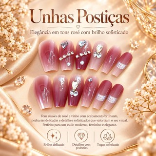 Unhas Postiças Decoradas Luxuosas Rosé e Vinho com Pedrarias e Strass Brilhantes – Unhas Falsas Elegantes Femininas