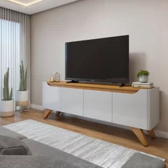 Rack para TV até 58 Polegadas 100% MDF 180cm Pés em Madeira Maciça 4 Portas Grécia Bege Off White/Naturalle