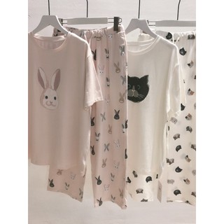 Ass Mom Modal Algodão Bonito Gato Coelho Estampa Loungewear Pijama Em Torno Do Pescoço Calças Terno Loungewear