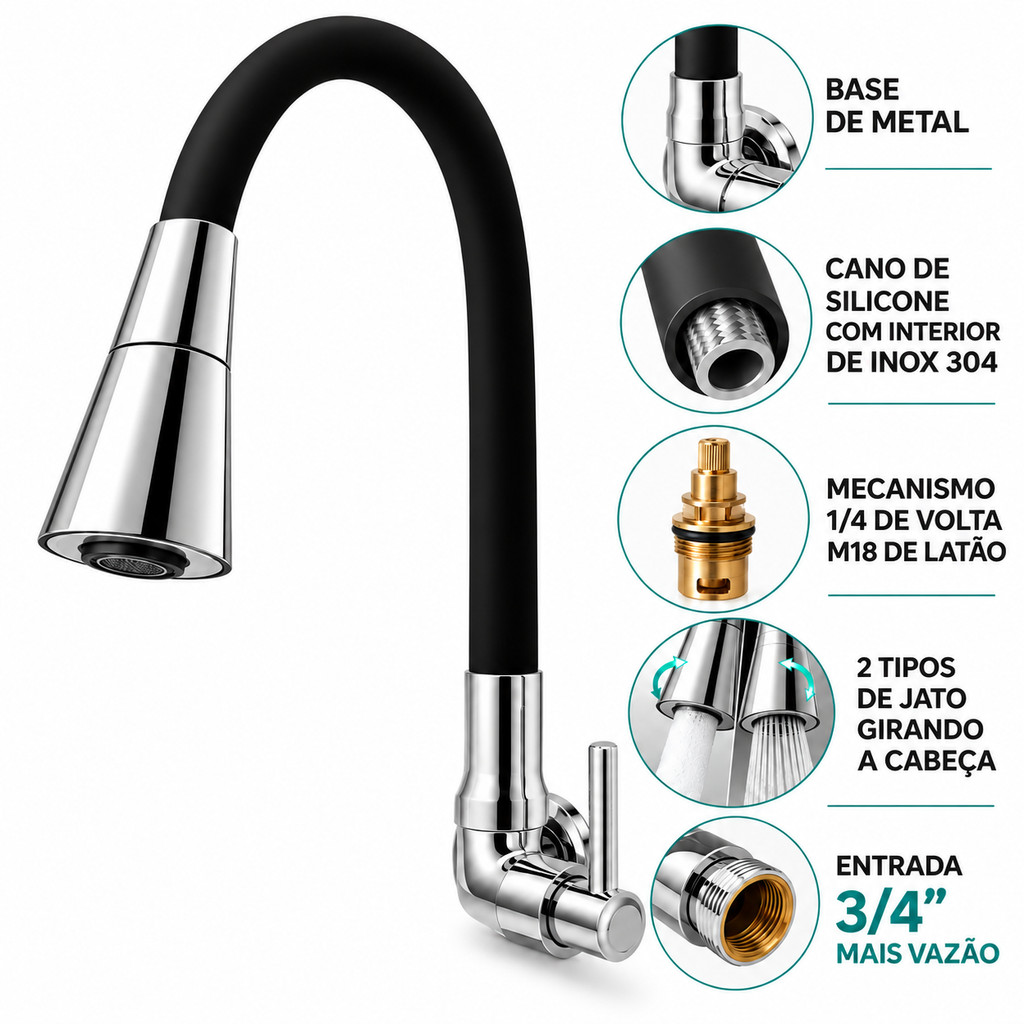 Torneira Gourmet Silicone Cozinha 2 Jatos Parede - Preto/cro · foto 2