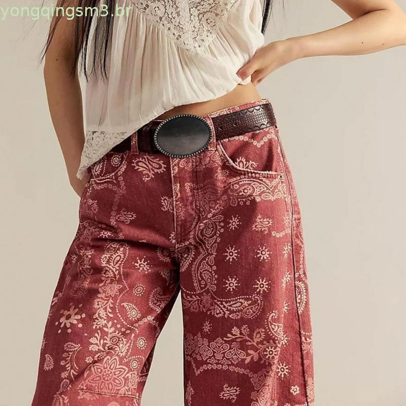 Calças Jeans Femininas de Perna Larga com Estampa Floral Solta, Novo Estilo Primavera Outono, Comprimento 7/8, Cintura M
