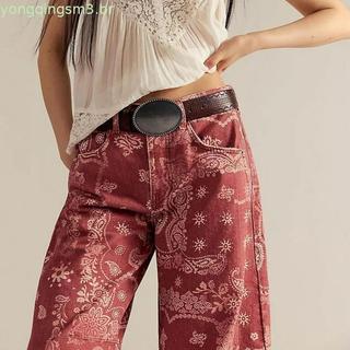 Calças Jeans Femininas de Perna Larga com Estampa Floral Solta, Novo Estilo Primavera Outono, Comprimento 7/8, Cintura M