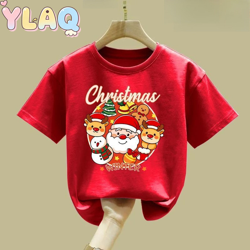 Natal Santa Rena Boneco De Neve Impressão Crianças Camiseta Meninos Meninas Bonito Manga Curta Tripulação Pescoço Topo