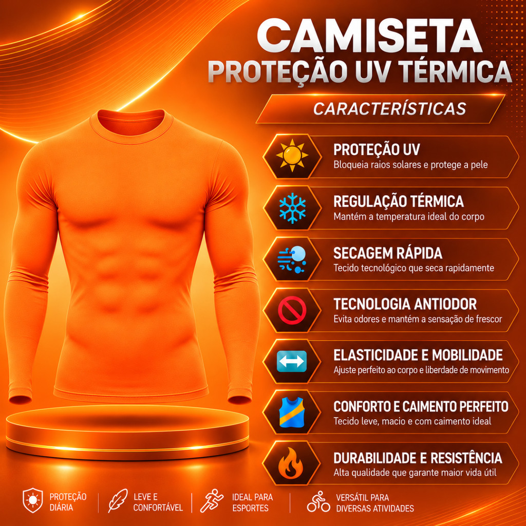 Camiseta Proteção Solar Uv 50+ Laranja Neon Segunda Pele Masculina Térmica Frio e Calor Treino