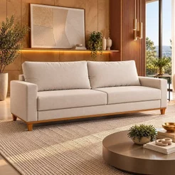 Sofá Fixo Living 3 Lugares Linho MDP Bege Ares 220cm Bege