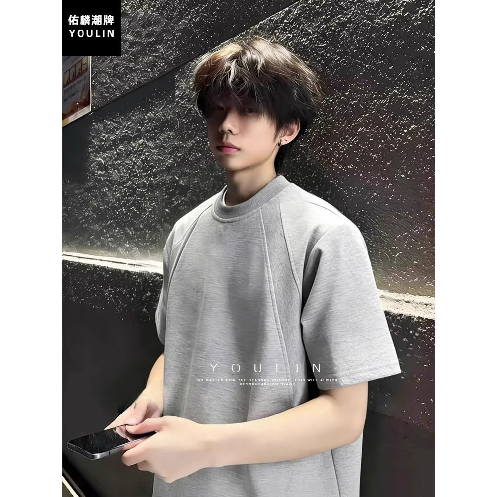 Flor cinza desconstrução frente ombro de manga curta masculina verão costura pesada camiseta americana Retro Street Wear