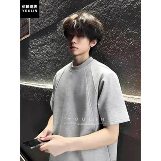Flor cinza desconstrução frente ombro de manga curta masculina verão costura pesada camiseta americana Retro Street Wear