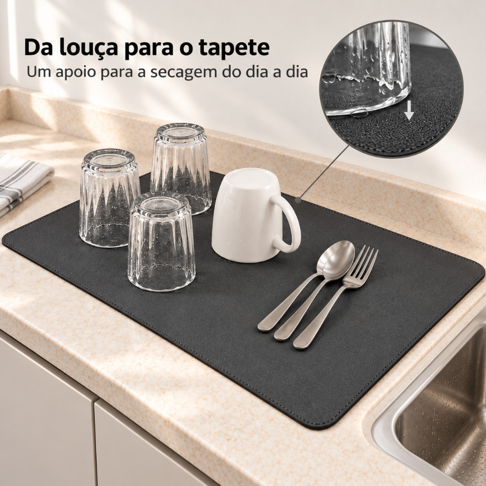 Tapete Escorredor para Secar Louça Absorvente Antiderrapante Pia Bancada Cozinha Porta Copos
