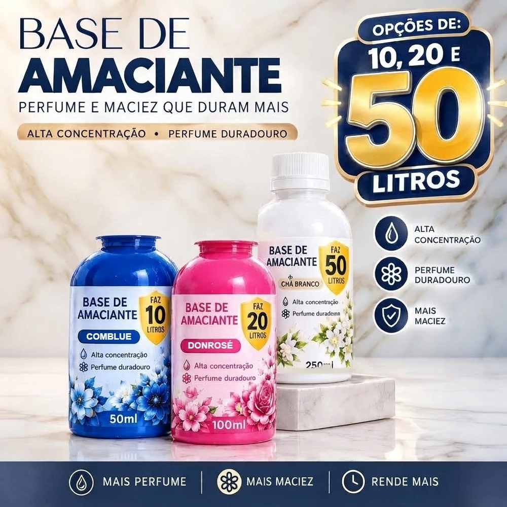 Base Amaciante Concentrada Cheiroso 50ml 100ml 250ml Rende até 10 20 e 50 litros Tipo Perfumado Rendimento Cheiroso