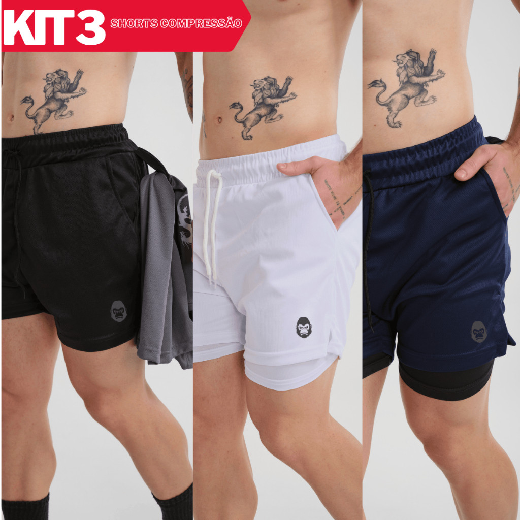 Kit 3 Shorts Masculinos Kong 2 em 1 de Alta Compressão em Oferta na Shopee