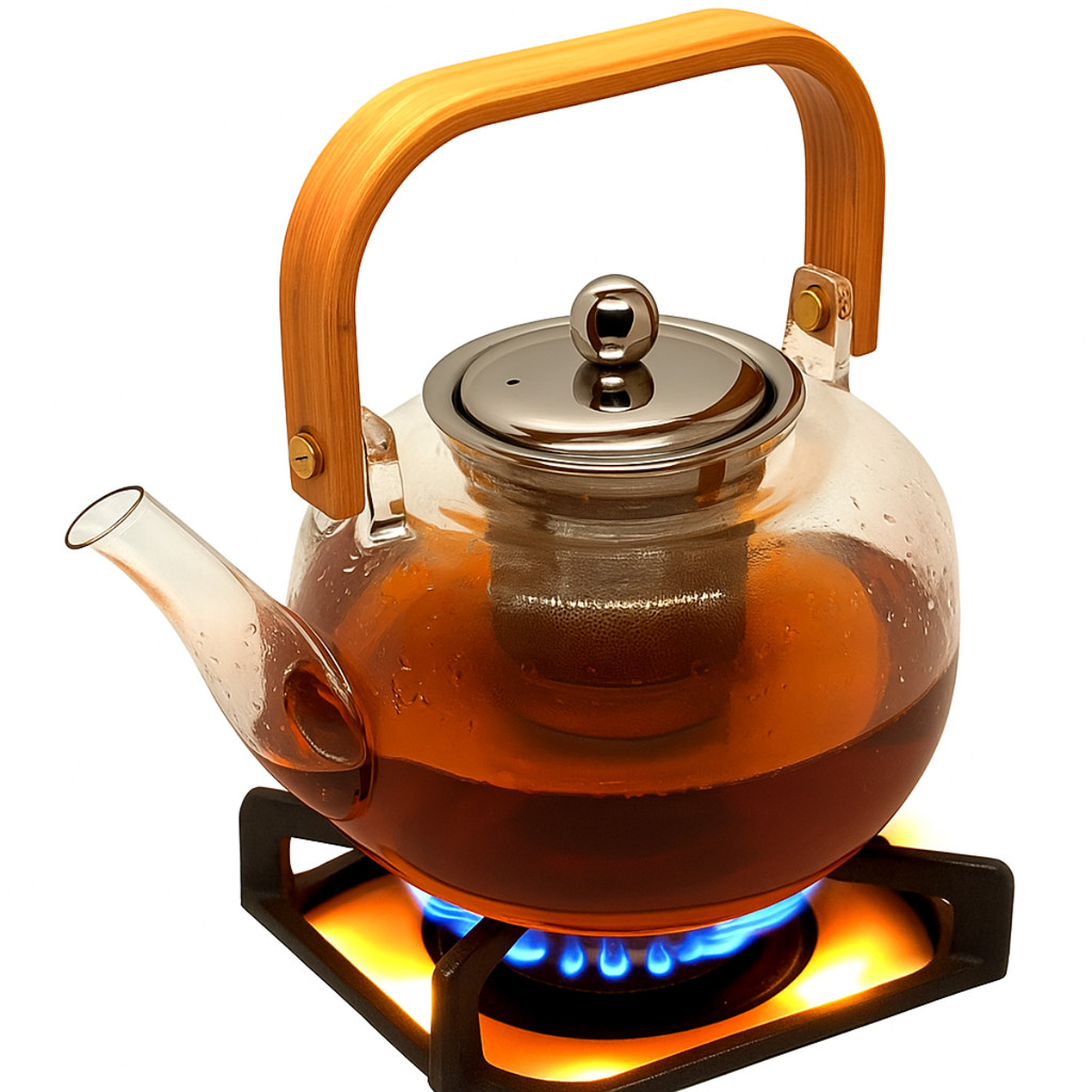 Chaleira de Vidro Alça de Bambu Infusor Inox Vai Ao Fogo 1L