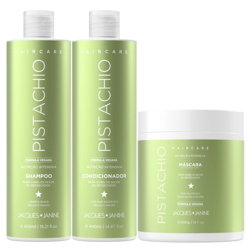 Kit Jacques Janine Hair Care Pistache Shampoo Sem Sal 450ml Condicionador 440ml Máscara 400g em Oferta na Shopee