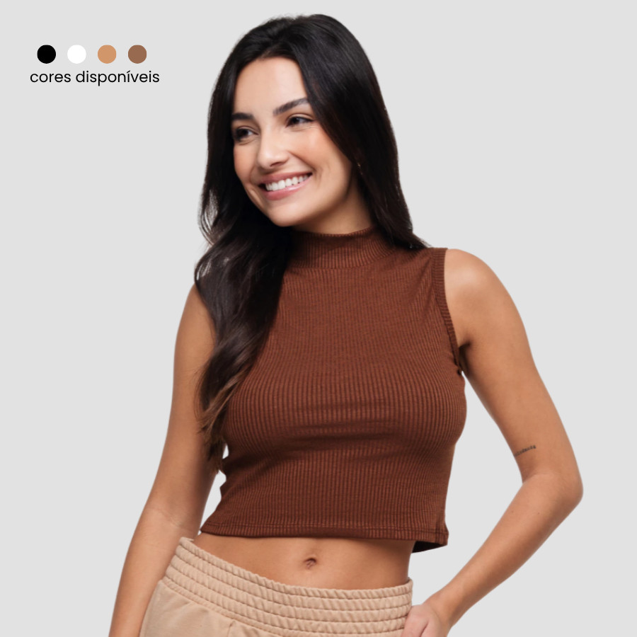 Blusa Feminina Cropped Gola Alta Canelado Básico Blogueira Sem Manga Regata Ribana