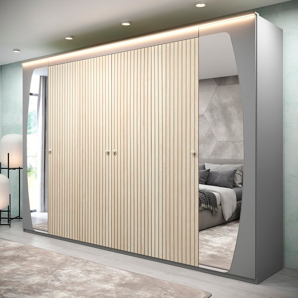 Guarda Roupa Casal com Efeito Ripado, Espelho e LED 6 Portas 6 Gavetas Inovação 100% MDF Cinza/Off White Ripado