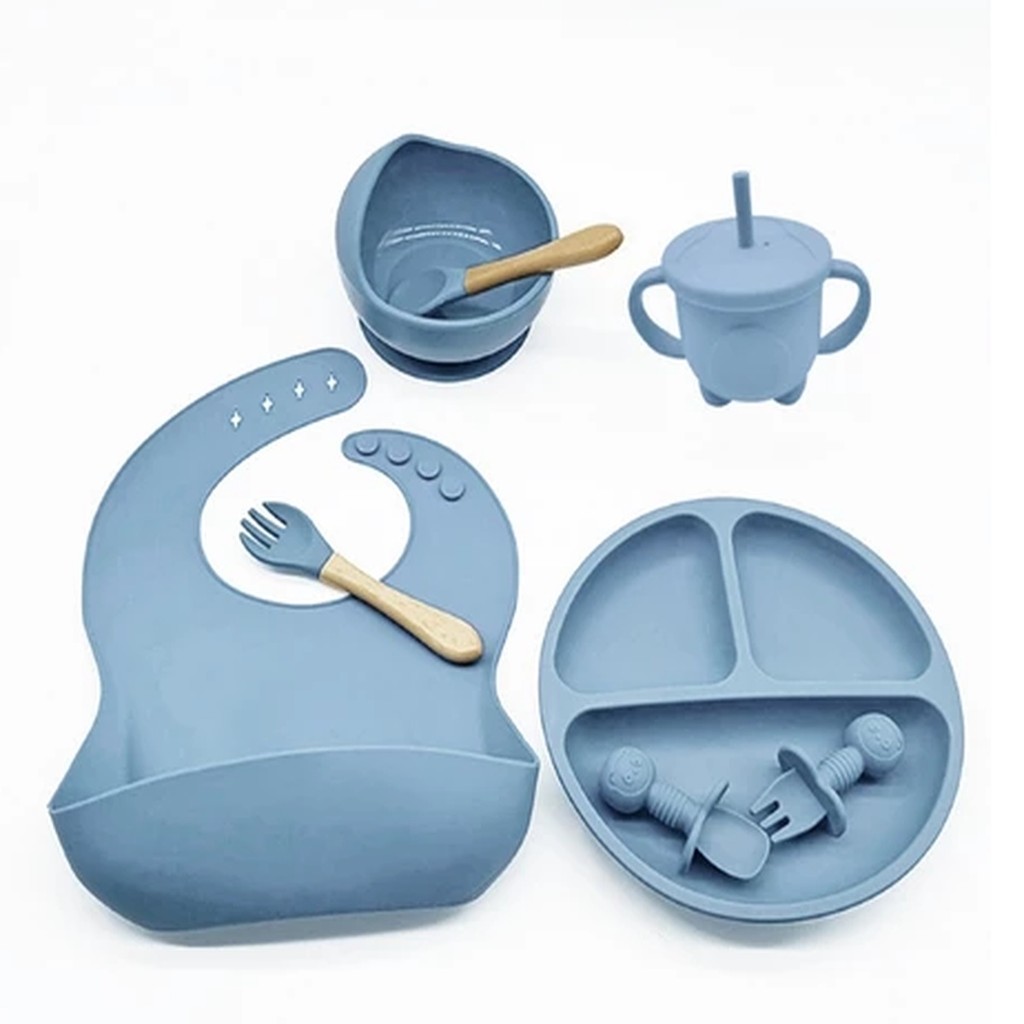 Kit Talheres de Silicone Bebê 8 Peças infantil ventosa colher garfo babador e canudo alimentação