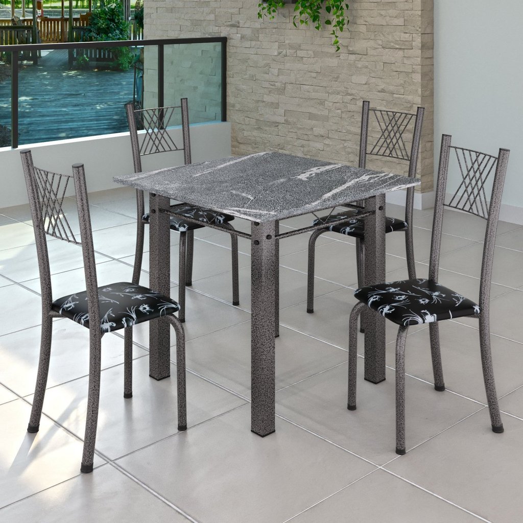 Conjunto de Jantar Mesa 70x70cm Tampo de Granito Topázio com 4 Cadeiras Sara Yescasa Preto Floral/Prata em Oferta na Shopee