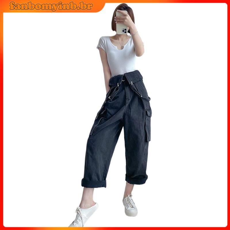 Macacões Jeans Pretos Para Mulheres , Estilo Coreano , Vintage , Calças Largas Soltas , Grandes Roupas Femininas