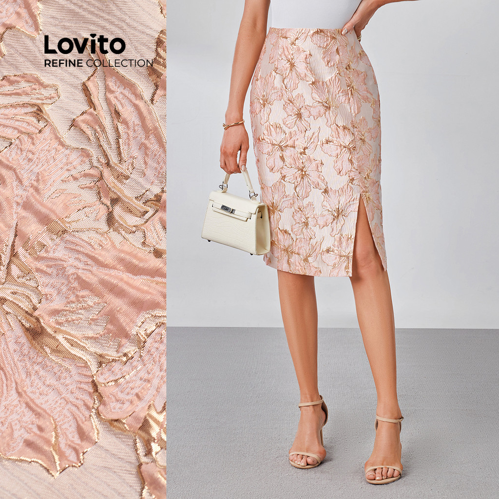 (Lovito Refine) Saias Elegantes com Fenda Na Frente Série de Cores Morandi Primavera/verão Saias Rosa LR21L043 em Oferta na Shopee