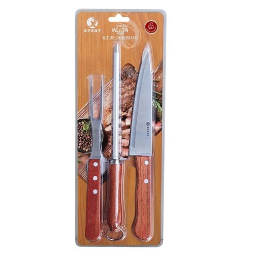 Kit Três Peças Churrasco Aço Inox Cabo Madeira Churrasqueira Profissional Resistente Durável