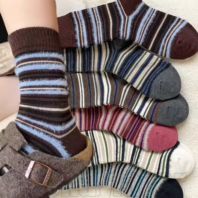 1/2/4 Unidades De Meias Listradas De Pelúcia-Soft Home Thermal Sox-Soxs Quentes De Cano Médio-Tubulares Intermediárias B