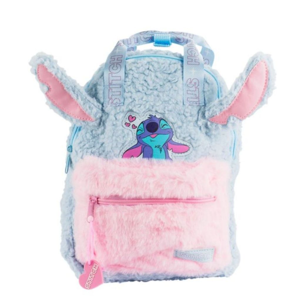 Mini Mochila Azul Rosa Pelúcia Stitch 31x25cm - Disney