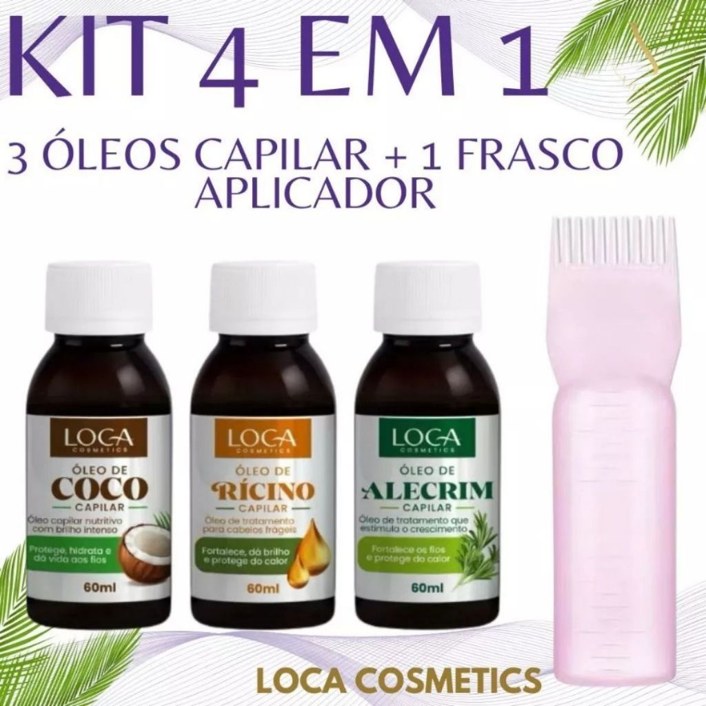 Kit Terapia Capilar Misturinha Loca Cosmetics Óleo de Coco + Ricino + Alecrim 60ml + Pente Aplicador