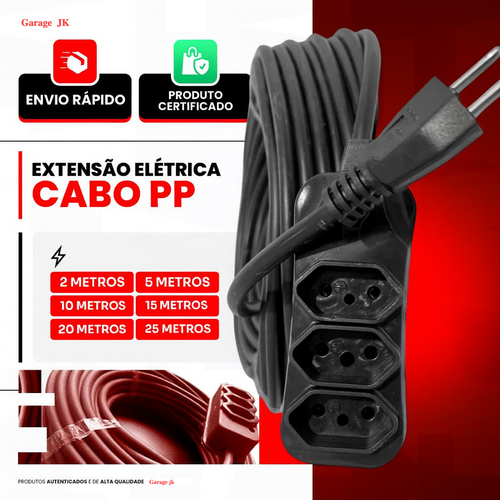 Extensão Elétrica Cabo PP 2/5/10/15/20/25 Metros Reforçada 2x2.5mm 10/20A Cor Preto Bivolt 127/220V em Oferta na Shopee