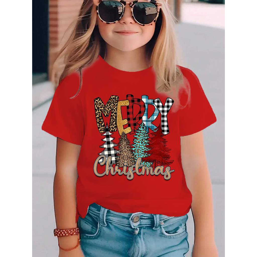 Camiseta Infantil Natal Menina Manga Curta Verde Estampa Feliz Natal Leopardo Xadrez Árvore