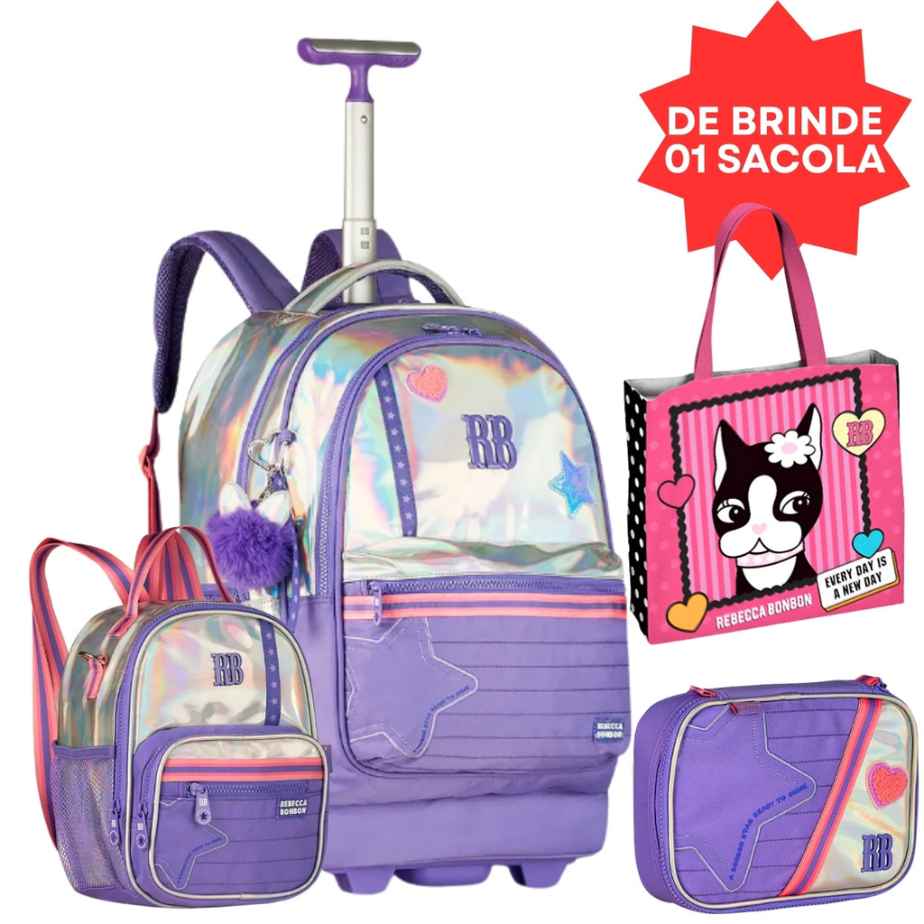 Kit Mochila De Rodinhas C/ Lancheira De Costas Térmica Holográfica Estojo Box P/ 36 Pens e Eco Bag Rebecca Bonbon - Clio
