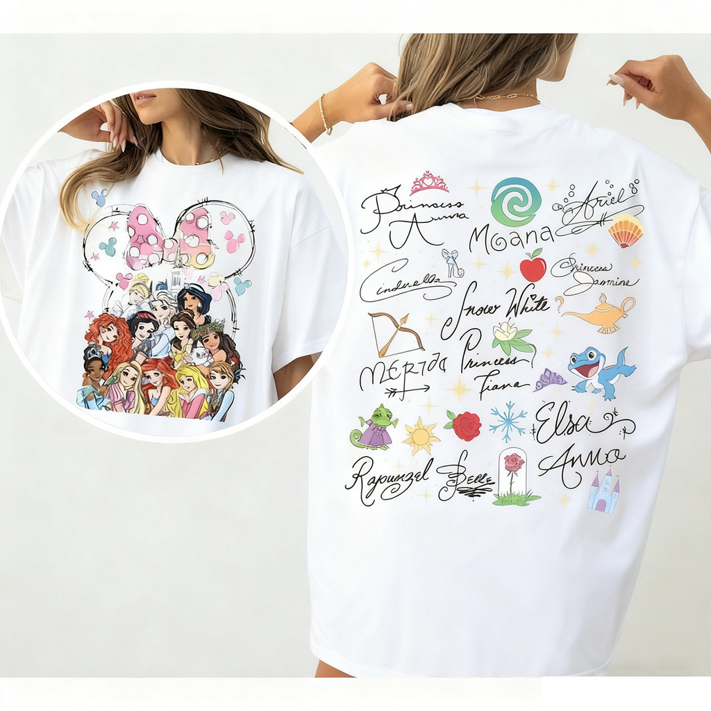 2025 Camiseta Unisex, Print Duplo de Princesas Disney com Elementos Minnie, Moda Urbana Disney em Oferta na Shopee