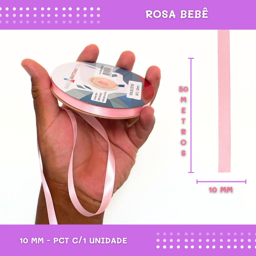 Fita de Cetim Lisa - 10mm - Rolo C/50 Mts COR:ROSA-BEBE