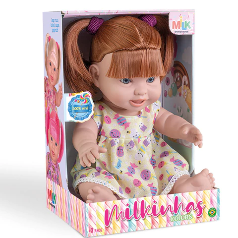 Boneca Milkinha Colors Grande 100% Vinil Super Macia Infantil Ruiva Menina - Milk Brinquedo