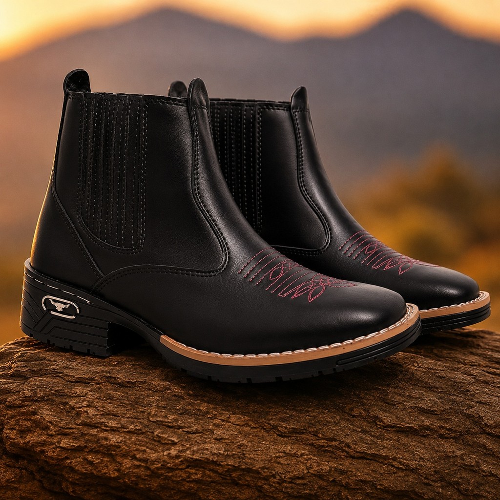 Botina Texana Bota Feminina Country Boiadeira Couro Eco Premium Bordado Rosa Rodeio Festa Sertaneja