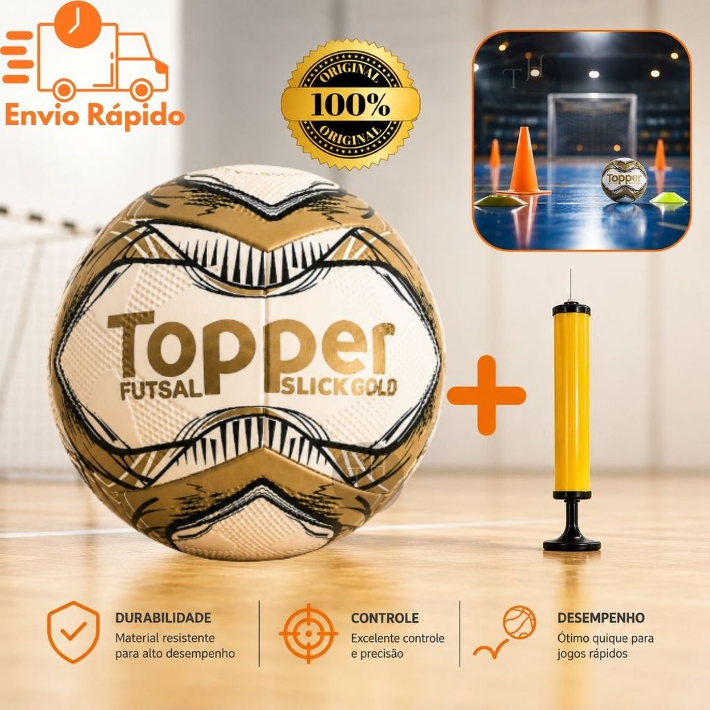 Bola de Futsal Topper Original E Bomba Slick Gold Original Resistente Futebol de Salão Oficial