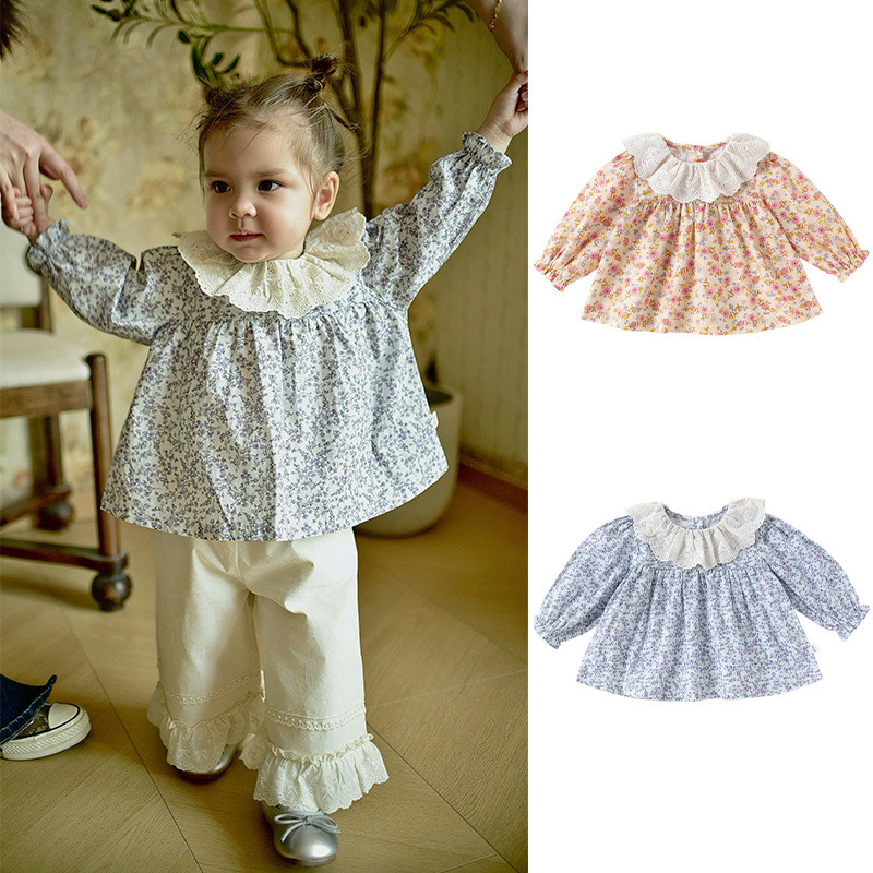 Meninas estilo ocidental primavera outono manga comprida camiseta crianças algodão gola de renda topo menina bebê primav