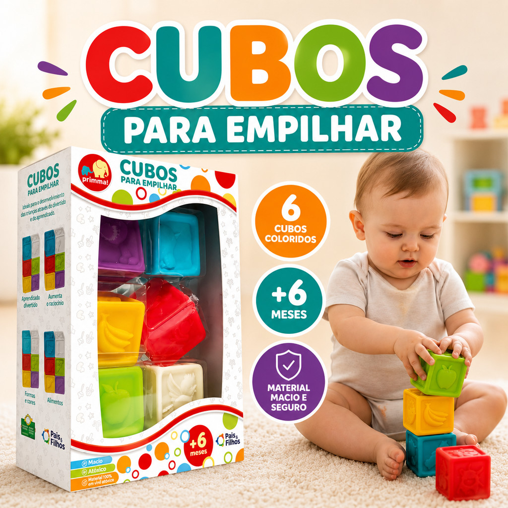 Cubo de Empilhar Brinquedo Educativo Didático Bebê Infantil +6 Meses Blocos Coloridos Pais e Filhos