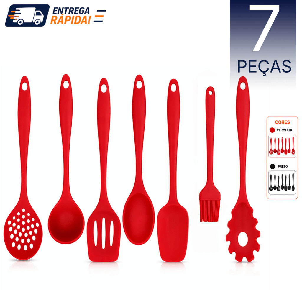 Kit Utensílios Silicone 7 ou 5 Peças Cozinha Antiaderente Espátula Colher Concha Pegador Pincel Vermelho Preto