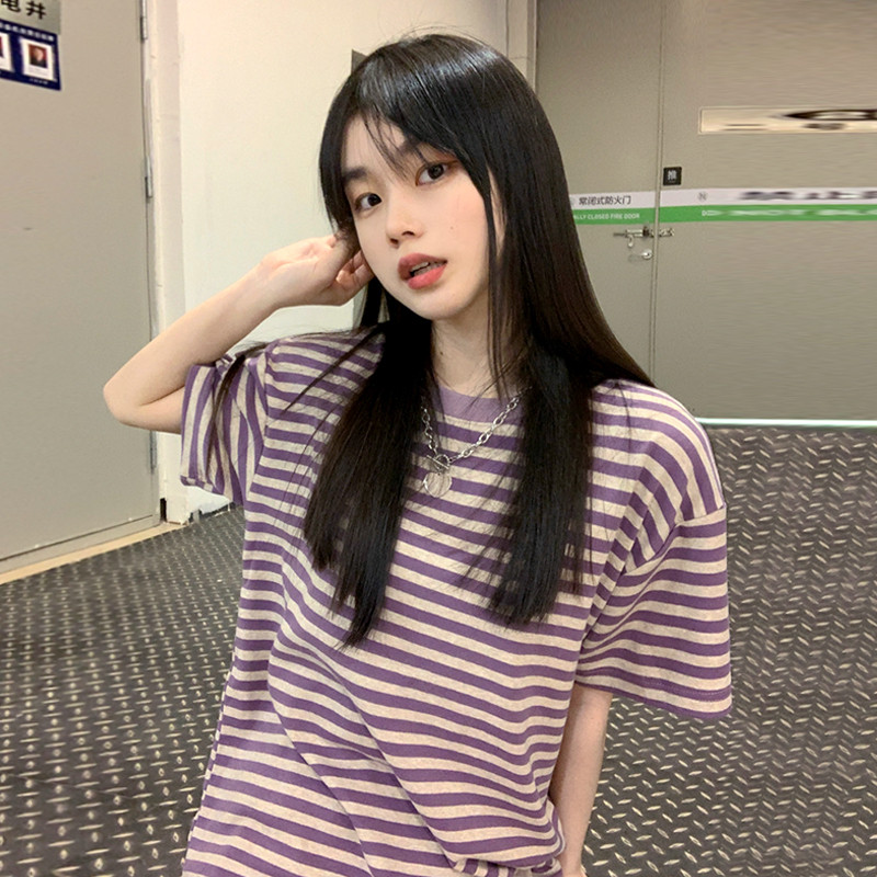 Tamanho grande irmã gorda listrado manga curta camiseta feminina 2026 primavera verão novo estilo estudante All-Match so