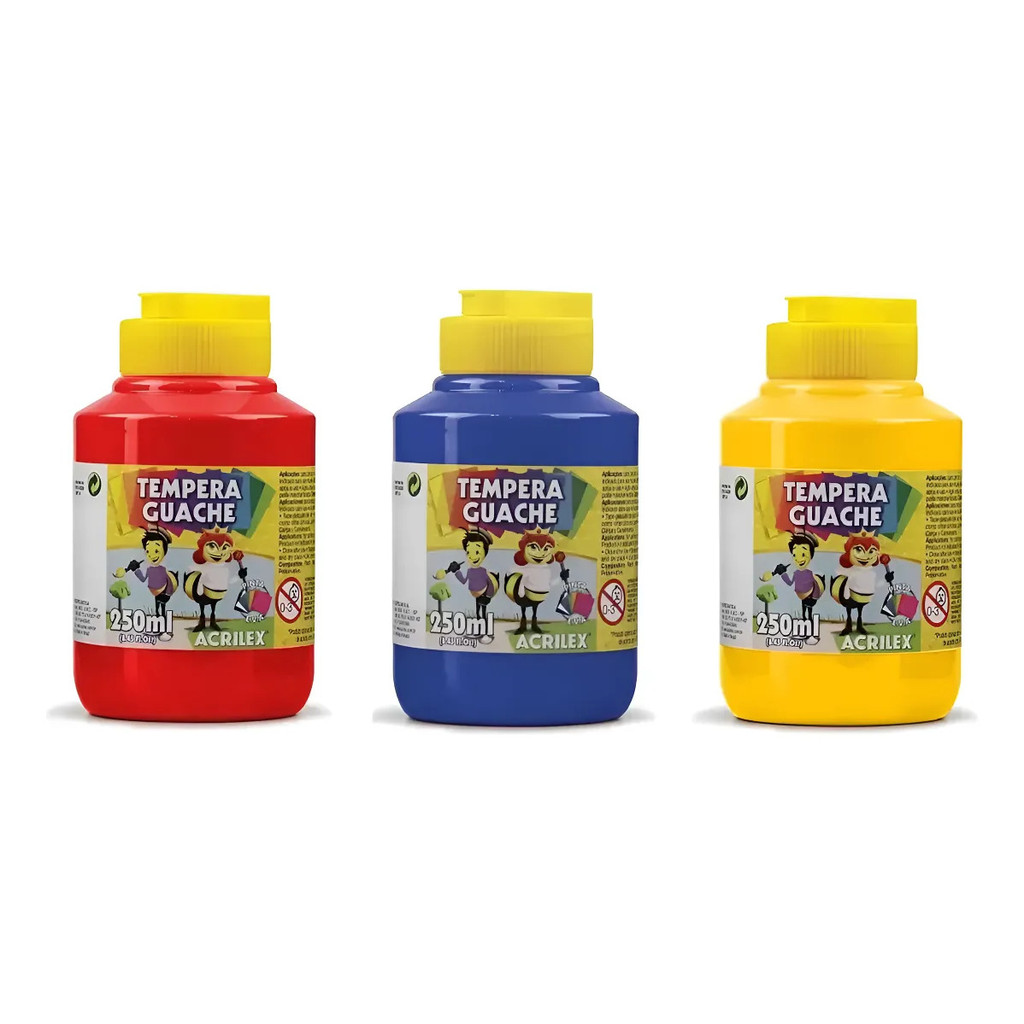 Kit 3 TEMPERA GUACHE Acrilex - 250ml - VERMELHO AZUL AMARELO - 02025