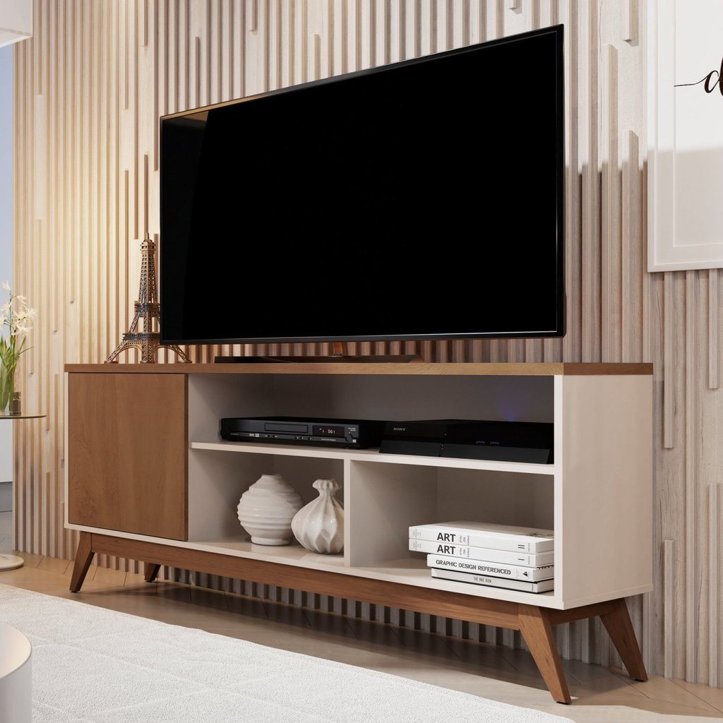 Rack Retrô para TV até 55 Polegadas 136cm Pés em Madeira Maciça Malbec Bege Off White/Freijó