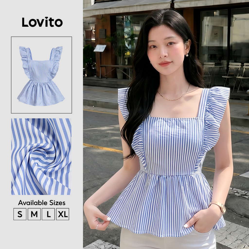 Lovito Casual Blusa Geométrica com Laço Nas Costas e Recortes Blusa Azul para Primavera/verão para Mulheres L138ED409