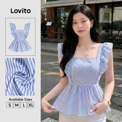 Lovito Casual Blusa Geométrica com Laço Nas Costas e Recortes Blusa Azul para Primavera/verão para Mulheres L138ED409