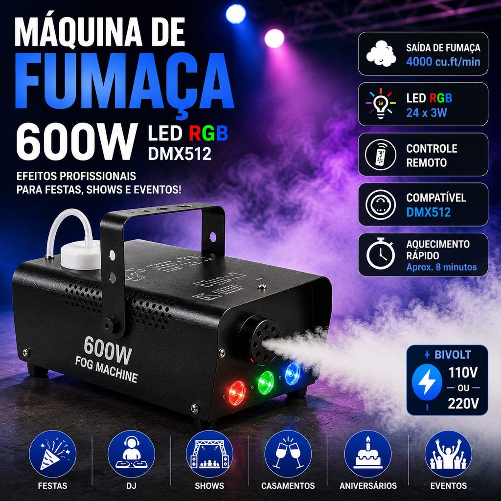 Máquina de Fumaça 600W com LED RGB Controle Remoto DMX512 para Festa DJ Balada Palco Eventos 110V/220V