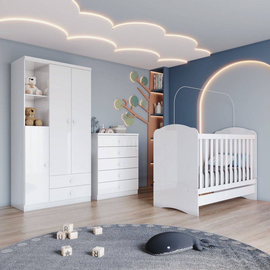 Quarto de Bebê com Guarda-Roupa 3 Portas Cômoda e Berço 3 em 1 Lápis de Cor Espresso Móveis Branco Branco
