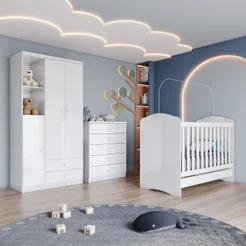 Quarto de Bebê com Guarda-Roupa 3 Portas Cômoda e Berço 3 em 1 Lápis de Cor Espresso Móveis Branco Branco