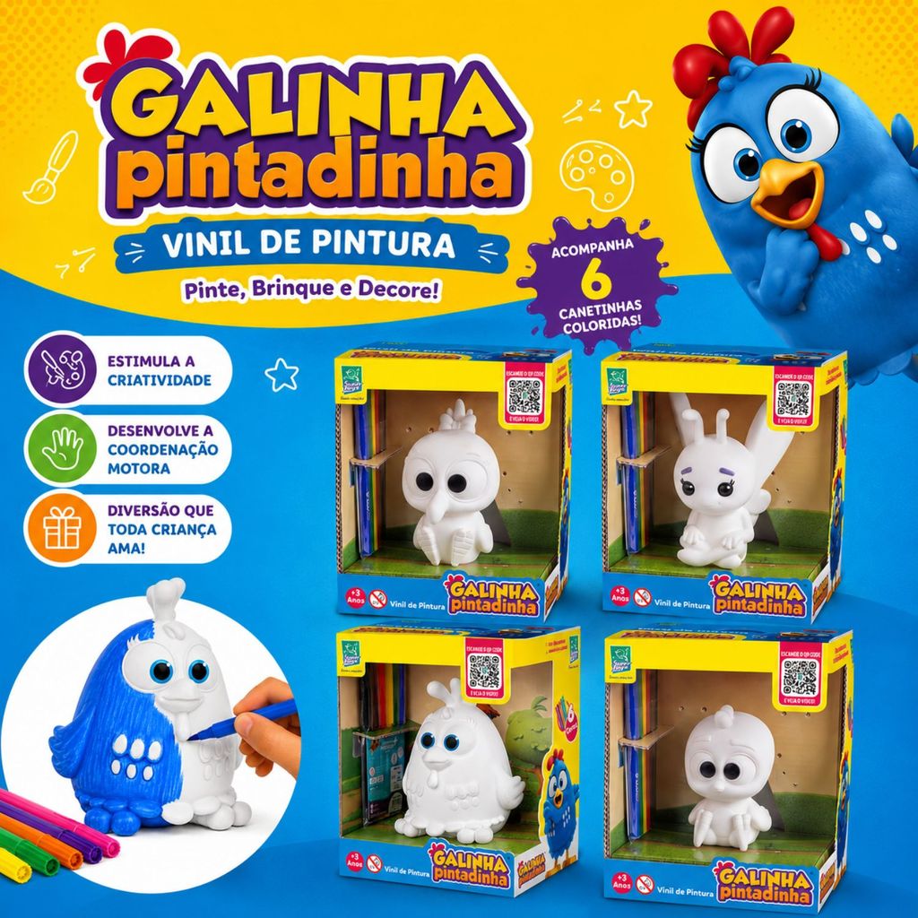 Brinquedo Turma Da Galinha Pintadinha Colorir Pintura Tinta Lavável C/ Canetinhas