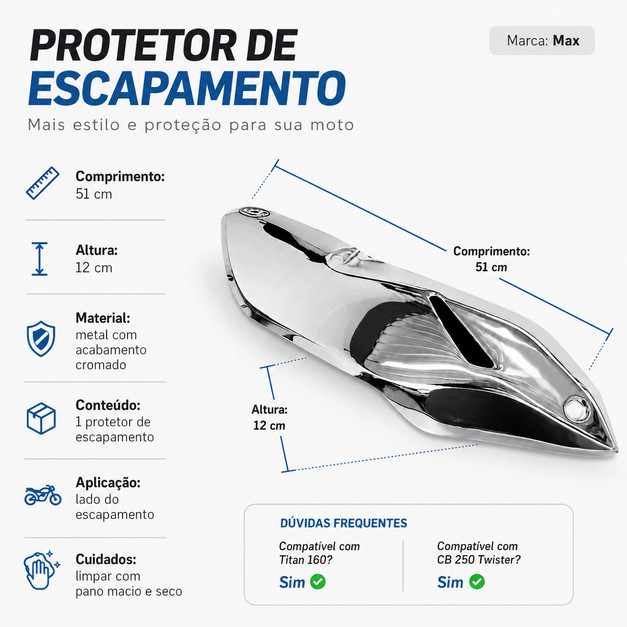 Protetor Escapamento Cromado CB 250 Twister 2016 a 2024 Titan Fan Start 160 Honda Moto Latinha — imagem 2 de 2